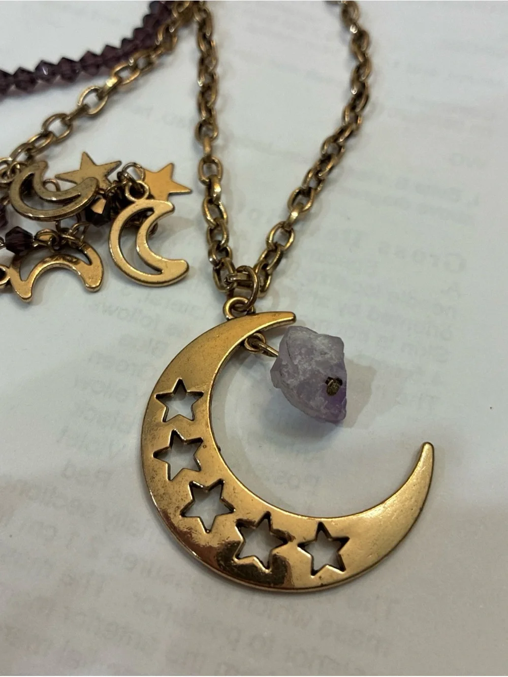Boho Celestial Moon & Stars Layered Necklace Purple Raw Stone Gold Tone Pendant